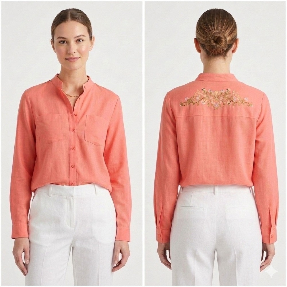 Susan‎ Graver Button Down Shirt Womens Large Coral Linen Rayon Embroidered Back